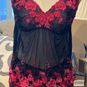 Elegant Black, Red and Pink Lace Pajama Set